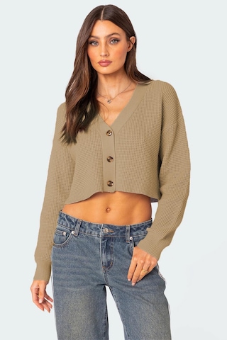 Madmext Vizon Uzun Kollu Düğmeli Crop Hırka Mg2198 VIZON