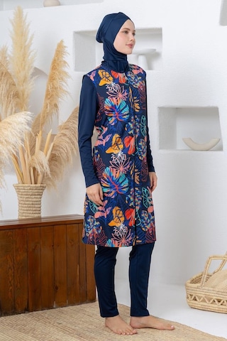 Rozamay 263303 Seneca Jileli Lycra Uzun Kollu Lacivert Dijital Desen Tesettür Mayo