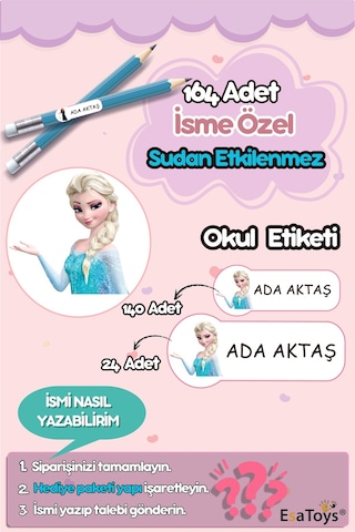 Elsa Temalı Özel İsminiz Yazılı Okul Etiketi Diğer