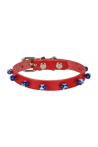 Cattie Boncuklu Deri Kedi Boyun Tasması M 1x21-25CM Kırmızı