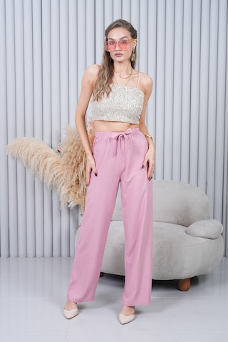 Polologin Butik Beli Bağcıklı Yüksek Bel Bol Paça Pudra Pantolon Pembe