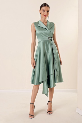 By Saygı Kruvaze Yaka Bağcıklı Saten Elbise Mint 29756 Mint