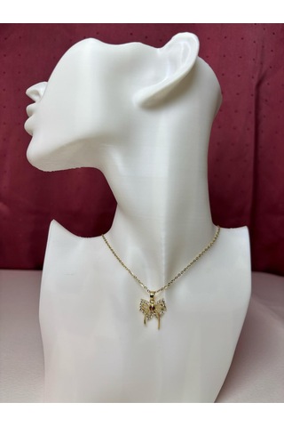 Çelik Gold Zirkon Taşlı Kelebek Kolye Altin