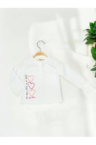 Kız Bebek Pamuklu İnce Uzun Kollu Kalp Desenli Bluz-14897 Ekru