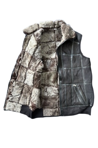 Patchwoork İçi Dışı Gerçek Deri Yakalı Beli Trikolu Yelek Siyah