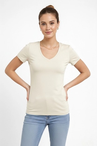 Wear Vexel Kadın T-shirt V Yaka Slim Fit Likralı Tişört Yazlık Basic Body - Taş Taş