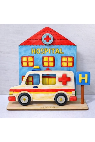 Hastane Ve Ambulans Ahşap Boyama Etkinlik Seti Eğitici Çocuk Aktivite Fırça Akrilik Boya Kreş Okul