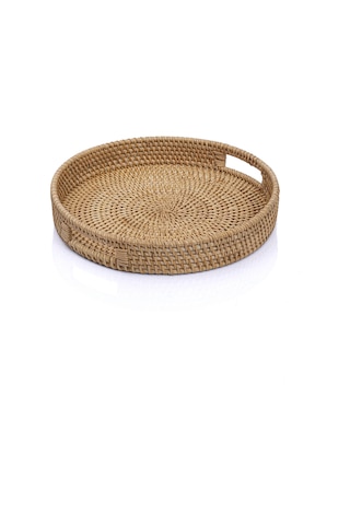 Meander El Yapımı Yuvarlak Küçük Boy Rattan Çok Amaçlı Kulplu Tep