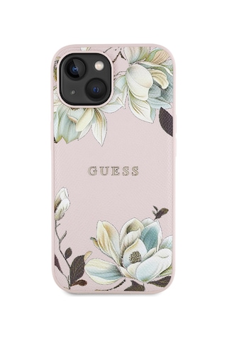 Apple Uyumlu iPhone 15 Kılıf Guess Lisanslı M-safe Özellikli Taneli Çiçek Tasarımlı Metal Yazı Logolu Kapak Pembe