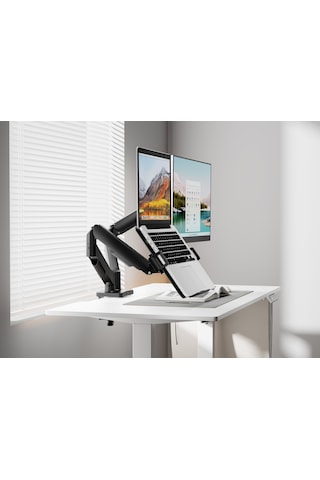 17-32" Çift Kollu Monitör Kolu + Laptop Tutucu Set 2x9 Kg Vesa Uyumlu Siyah