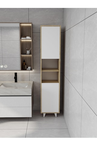 Riva Çamaşır Sepetli Banyo Dolabı Lefkaş Meşe Renk Meşe - Beyaz