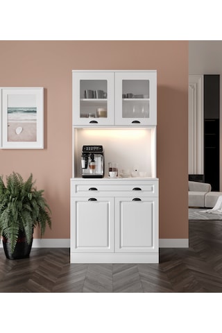 Guneystore Luna 2 Kapaklı Kahve Köşesi 93 Cm Mdf, Led Aydınlatmalı, Çok Amaçlı Mutfak Ve Airfryer Dolabı Beyaz