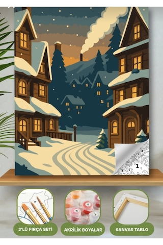 Denic Sayılarla Boyama Seti 40x50 Cm (Çıtalı) Fırça Boya Dahil Numaralı Tuval Kar Bina Manzara