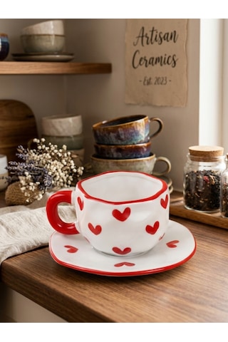 Seramik Tabaklı Handmade Tasarımlı Kupa - Renk Seçenekli Kalp Desenli Renkli