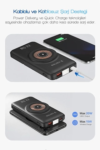 10000 Mah Magsafe Uyumlu Taşınabilir Powerbank Dahili Kablolu 22.5w Scp 20w Pd 15w Wireless Siyah