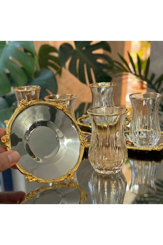 12 Parça 6 Kişilik Kristal Kesim Çay Takımı Cam Çay Bardağı Ve Tabak Seti Eco Gümüş