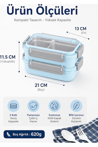 Vagonlife Bl2215 Açık Mavi 1200 Ml 2 Katlı 3 Bölmeli Paslanmaz Çelik Yemek Kabı Lunch Box Çok Renkli