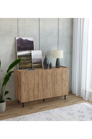 Demir Ayaklı Ahşap Görünümlü Mdf Çok Amaçlı 3 Kapaklı Konsol