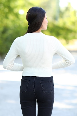 Giysa Kadın Bej Fitilli Crop Triko Kazak Kısa Model Akrilik Kumaş Ribanalı - 3122 Bej