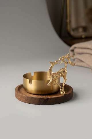 Küllük Metal Kül Tablası Doğal Ahşap Standlı Dekoratif Küllük Çeyizlik Hediyelik - Lüks Geyik Gold