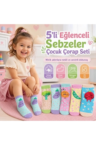 Womanandkids Wak 5 Li Sebze Desenli Çocuk Çorap Seti Yüksek Pamuklu Rahat Burunlu Sıkmayan Lastikli Çok Renkli