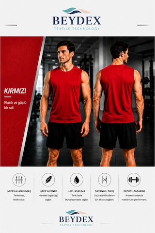 Beydex Erkek Nem Emici Hızlı Kuruma Atletik Teknik Sporcu Sıfır Kol T-shirt Gym Kırmızı