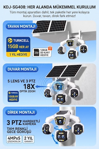 5 Kameralı 4g/e-sım Destekli 18x Zoom Ptz Güneş Enerjili Profesyonel Dış Mekân Güvenlik Kamerası