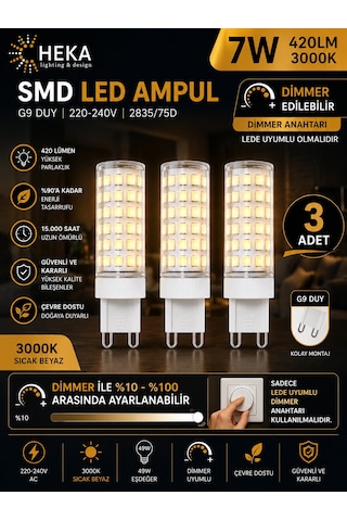 3 Adet Heka 7w Günışığı 3000k G9 Duylu Dim Edilebilir Led Kapsül Ampul