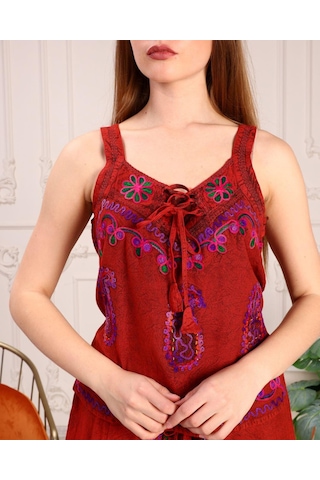 Bohem Stil Otantik Nakış İşlemeli Harem Şalvar Pantolon Buluz Takım-8816 Kiremit