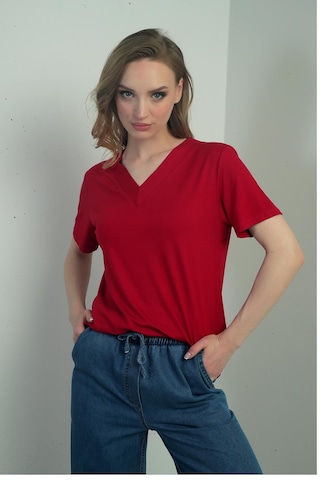By Saygı Kadın V Yaka Yırtmaçlı Kısa Kol Bluz-40707 Bordo