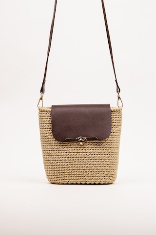 Fabric Craft Bag Omuz Çantası Floş İplik Suni Deri Kapaklı Astarlı 21x28 Cm Bej