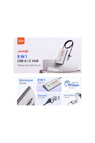 Juo Jh432 Type-c Ve Usb-a 8 Portlu 4 Usb-a 2 Type-c 10gbps Usb Hub Çoklayıcı Sd/microsd Kart Okuyucu Dönüştürücü Hub