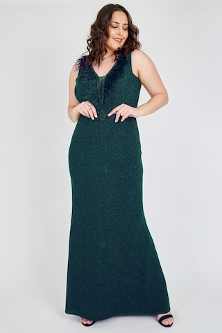 Ladies First Büyük Beden 3472 Zümrüt Uzun Abiye Elbise 001