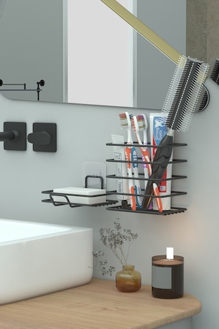 Zabata Yapışkanlı Metal Diş Fırçalık + Banyo Sabunluk 2li Set Siyah