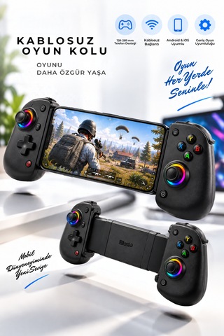 Kablosuz Mobil Oyun Kolu Rgb Joystick Android İos Uyumlu Telefon Tutuculu Mobil Gamepad