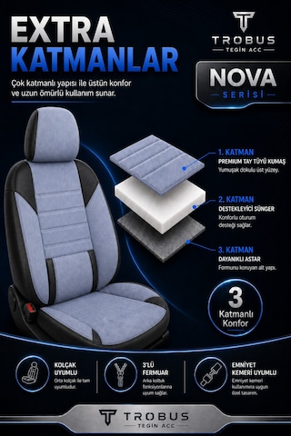 Nova Serisi Tay Tüyü Bel Destekli Gri Siyah Premium Üniversal Koltuk Kılıfı Tam Set
