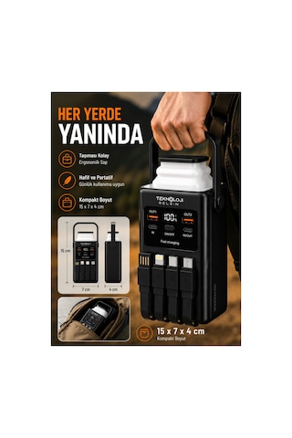 30.000 Mah Powerbank 22.5w Hızlı Şarj Lcd Ekran 4 Çıkış 4 Kablo Kamp Işıklı Taşınabilir Batarya Siyah