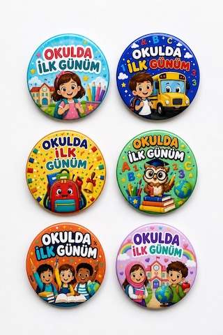 Okulda İlk Günüm 6'lı Yaka Ve Çanta Rozeti 3,5 Cm Çap Çocuk Okula Başlangıç Seti Diğer