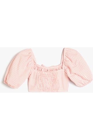 Koton Crop Bluz Balon Kollu Büzgü Detaylı Pınk Strıpe 4skg60161aw Pembe