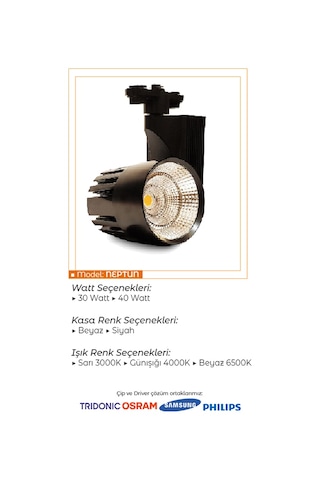Ledli Ray Spot Siyah Kasa 40 Watt Günışığı 3000k