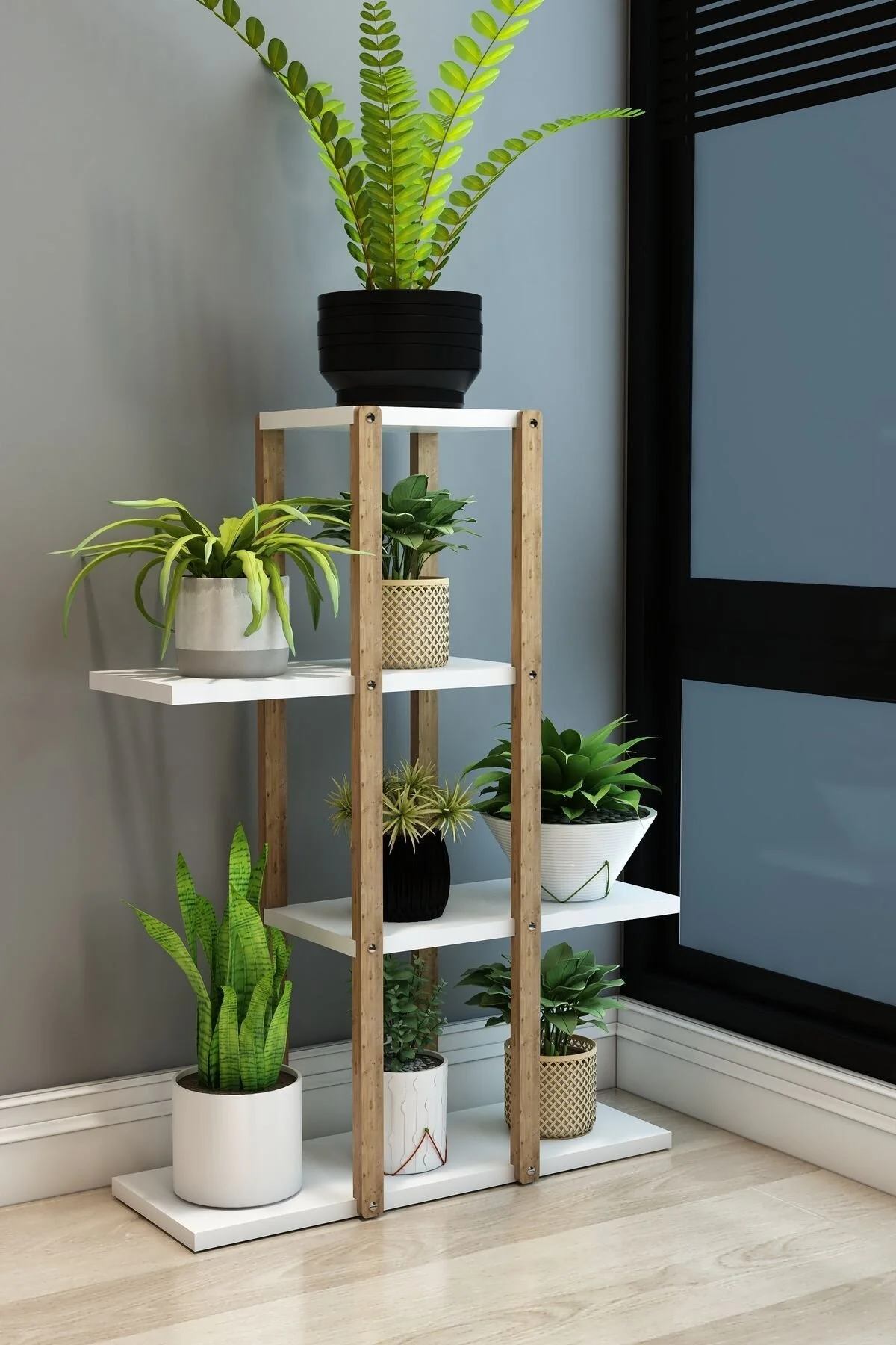 Beyaz 4 Katlı Ahşap Çiçeklik, Saksılık, Çiçek Standı, Dekoratif Raf - Çok Amaçlı Kullanım Beyaz