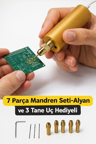 Muraytekno Usb Mini Drill Matkap Seti 7 Parça Mandren Seti, 3 Adet Mikro Matkap Ucu,hassas Delme ,dıy, Gold