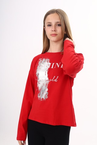 Toontoy Kız Çocuk Sweatshirt Shine Varak Baskılı Kırmızı