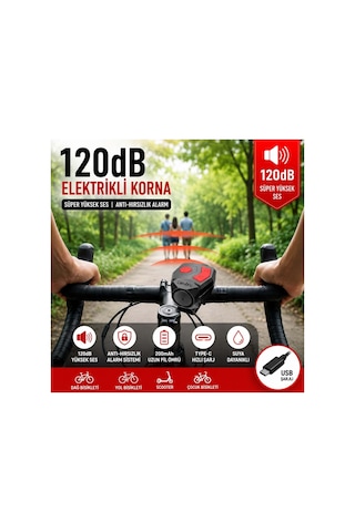120 Db Usb Şarjlı Elektrikli Bisiklet Kornası Ve Anti Hırsızlık Alarm Zili Scooter Uyumlu Siyah