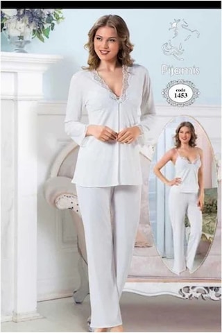 Pijamis 1453 Uzun Kol 3 Lü Kadın Pijama Takım Kutulu Ekru