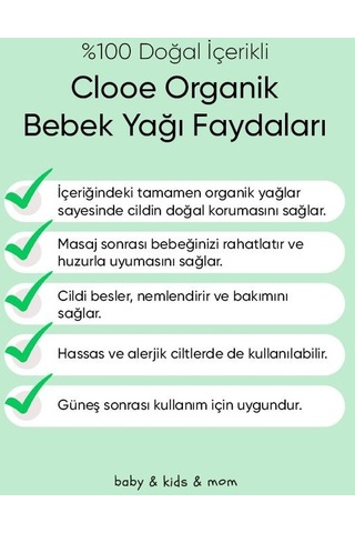 Clooe Organik Bebek Yağı 100 ML Zeytinyağı - Badem Yağı - Jojoba Yağı - Yenidoğan Kullanımına Uygun