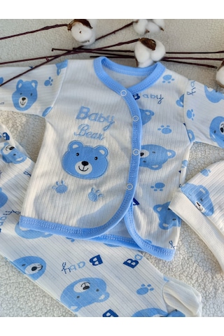 Erkek Bebek 3 Parça Raporlu İnterlok Hastane Çıkışı Zıbın Seti Beyaz - Mavi