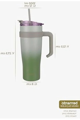 1000 Ml Kapasiteli Yeşil Termos Bardak, Pipetli Tasarım İle Açık Beyaz