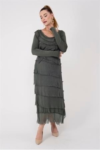 Italyan 2 Beden İnce Gösteren Kat Kat Uzun Kol Taşlanmış İpek Elbise Koyu Haki