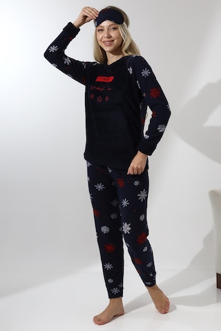 Fawn 5009 Peluş Welsoft Polar Kışlık Yumoş Kadın Pijama Takımı Lacivert